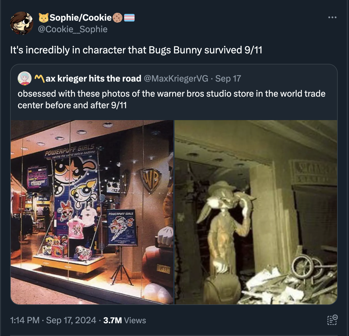 screenshot - SophieCookie It's incredibly in character that Bugs Bunny survived 911 Max krieger hits the road Sep 17 obsessed with these photos of the warner bros studio store in the world trade center before and after 911 Powerpuff Girls 3.7M Views e